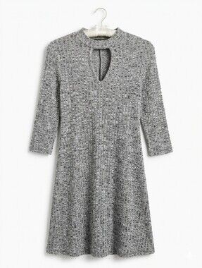 B FAMOUS Gray Ribbed Knit Choker Keyhole Neck Dress ¾ Sleeve Medium